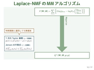 Laplace-NMFのMMアルゴリズム
F(W, H) =
m,n
2 log ˆymn − log K0
2ymn
cˆymn
Q+(W, H, ρ, ϕ)
Majorize
1 次の Taylor 展開（g：凹関数）
g(x) ≤ g (ϕ)(x − ϕ) + g(ϕ)
Jensen の不等式（f：凸関数）
f( k ρkxk) ≤ k ρkf(xk)
特殊関数に適用しても無意味
12 / 17
 
