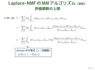 Laplace-NMFのMMアルゴリズム（追加）
評価関数の上限
F(W , H)
c
= −
m,n
log
R+
p(ymn|zmn)p(zmn; ˆymn)dzmn
= −
m,n
log
R+
p(zmn|ymn, ˜ˆymn)
p(ymn|zmn)p(zmn; ˆymn)
p(zmn|ymn, ˜ˆymn)
dzmn
≤ −
m,n R+
p(zmn|ymn, ˜ˆymn) log
p(ymn|zmn)p(zmn; ˆymn)
p(zmn|ymn, ˜ˆymn)
dzmn
Jensen の不等式（g：凹関数）
−g(E[x]) ≤ −E[g(x)]
13 / 17
 