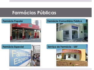 Farmácias Públicas
Farmácia Popular     Farmácia Comunitária Pública




Farmácia Especial    Serviço de Farmácia - USF
 