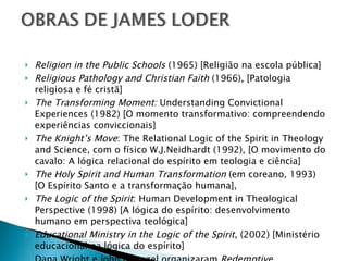 Religion in the Public Schools  (1965) [Religião na escola pública] Religious Pathology and Christian Faith  (1966), [Patologia religiosa e fé cristã] The Transforming Moment:  Understanding Convictional Experiences (1982) [O momento transformativo: compreendendo experiências conviccionais]  The Knight’s Move : The Relational Logic of the Spirit in Theology and Science, com o físico W.J.Neidhardt (1992), [O movimento do cavalo: A lógica relacional do espírito em teologia e ciência] The Holy Spirit and Human Transformation  (em coreano, 1993) [O Espírito Santo e a transformação humana],  The Logic of the Spirit : Human Development in Theological Perspective (1998) [A lógica do espírito: desenvolvimento humano em perspectiva teológica] Educational Ministry in the Logic of the Spirit , (2002) [Ministério educacional na lógica do espírito] Dana Wright e John Kuenzel organizaram  Redemptive Transformation in Practical Theology : Festschrift for James E. Loder (2003). [Transformação redemptiva na teologia prática] 