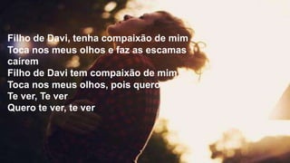 Filho de Davi, tenha compaixão de mim
Toca nos meus olhos e faz as escamas
caírem
Filho de Davi tem compaixão de mim
Toca nos meus olhos, pois quero
Te ver, Te ver
Quero te ver, te ver
 