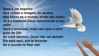 Você é um espelho
Que reflete a imagem do senhor
Não chore se o mundo ainda não notou
Já é o bastante Deus reconheceu o seu
valor.
Você é precioso, mais raro que o ouro
puro de Ofir
Se você desistiu, Deus não vai desistir
Ele está aqui, pra te levantar
Se o mundo te fizer cair
 