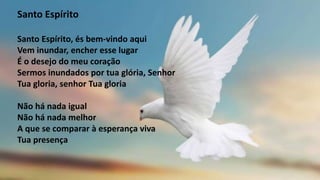 Santo Espírito
Santo Espírito, és bem-vindo aqui
Vem inundar, encher esse lugar
É o desejo do meu coração
Sermos inundados por tua glória, Senhor
Tua gloria, senhor Tua gloria
Não há nada igual
Não há nada melhor
A que se comparar à esperança viva
Tua presença
 