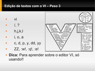Edição de textos com o VI – Peso 3
 vi
 /, ?
 h,j,k,l
 i, o, a
 c, d, p, y, dd, yy
 ZZ, :w!, :q!, :e!
 Dica: Para aprender sobre o editor VI, só
usando!!
 
