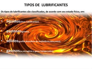 TIPOS DE LUBRIFICANTES
                                           ). acordo com seu estado físico, em:
Os tipos de lubrificantes são classificados, de


• líquidos(óleos lubrificantes).

• pastosos(graxas).

• sólidos(grafita,bissulfeto de molibdênio,talco,mica).

• gasosos(ar,nitrogênio e gases halogenados).
 