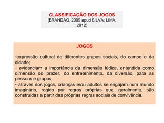 CLASSIFICAÇÃO DOS JOGOS
(BRANDÃO, 2009 apud SILVA; LIMA,
2012)
JOGOS
-expressão cultural de diferentes grupos sociais, do campo e da
cidade;
- evidenciam a importância da dimensão lúdica, entendida como
dimensão do prazer, do entretenimento, da diversão, para as
pessoas e grupos;
- através dos jogos, crianças e/ou adultos se engajam num mundo
imaginário, regido por regras próprias que, geralmente, são
construídas a partir das próprias regras sociais de convivência.
 