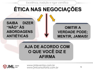 10
SAIBA DIZER
“NÃO” ÀS
ABORDAGENS
ANTIÉTICAS
AJA DE ACORDO COM
O QUE VOCÊ DIZ E
AFIRMA
OMITIR A
VERDADE PODE;
MENTIR, JAMAIS!
ÉTICA NAS NEGOCIAÇÕES
 