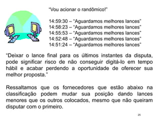 25
“Vou acionar o randômico!”
14:59:30 – “Aguardamos melhores lances”
14:58:23 – “Aguardamos melhores lances”
14:55:53 – “Aguardamos melhores lances”
14:52:48 – “Aguardamos melhores lances”
14:51:24 – “Aguardamos melhores lances”
“Deixar o lance final para os últimos instantes da disputa,
pode significar risco de não conseguir digitá-lo em tempo
hábil e acabar perdendo a oportunidade de oferecer sua
melhor proposta.”
Ressaltamos que os fornecedores que estão abaixo na
classificação podem mudar sua posição dando lances
menores que os outros colocados, mesmo que não queiram
disputar com o primeiro.
 