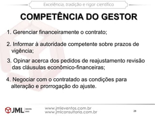 28
1. Gerenciar financeiramente o contrato;
2. Informar à autoridade competente sobre prazos de
vigência;
3. Opinar acerca dos pedidos de reajustamento revisão
das cláusulas econômico-financeiras;
4. Negociar com o contratado as condições para
alteração e prorrogação do ajuste.
COMPETÊNCIA DO GESTOR
 