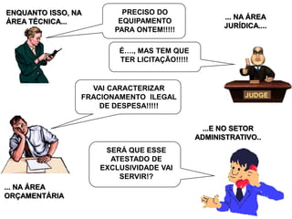 45
ENQUANTO ISSO, NA
ÁREA TÉCNICA...
PRECISO DO
EQUIPAMENTO
PARA ONTEM!!!!!
... NA ÁREA
JURÍDICA....
É…., MAS TEM QUE
TER LICITAÇÃO!!!!!
... NA ÁREA
ORÇAMENTÁRIA
VAI CARACTERIZAR
FRACIONAMENTO ILEGAL
DE DESPESA!!!!!
...E NO SETOR
ADMINISTRATIVO..
SERÁ QUE ESSE
ATESTADO DE
EXCLUSIVIDADE VAI
SERVIR!?
 
