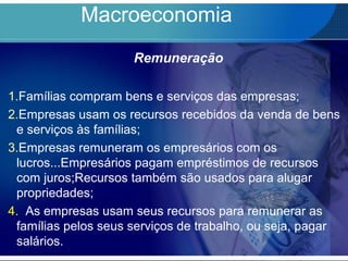 Macroeconomia
Remuneração
1.Famílias compram bens e serviços das empresas;
2.Empresas usam os recursos recebidos da venda de bens
e serviços às famílias;
3.Empresas remuneram os empresários com os
lucros...Empresários pagam empréstimos de recursos
com juros;Recursos também são usados para alugar
propriedades;
4. As empresas usam seus recursos para remunerar as
famílias pelos seus serviços de trabalho, ou seja, pagar
salários.
 