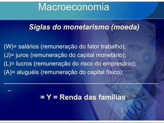 Macroeconomia
Siglas do monetarismo (moeda)
(W)= salários (remuneração do fator trabalho);
(J)= juros (remuneração do capital monetário);
(L)= lucros (remuneração do risco do empresário);
(A)= aluguéis (remuneração do capital físico);
_______________________________________________
_
= Y = Renda das famílias
 
