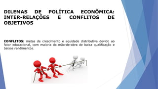 DILEMAS DE POLÍTICA ECONÔMICA:
INTER-RELAÇÕES E CONFLITOS DE
OBJETIVOS
CONFLITOS: metas de crescimento e equidade distributiva devido ao
fator educacional, com maioria da mão-de-obra de baixa qualificação e
baixos rendimentos.
 