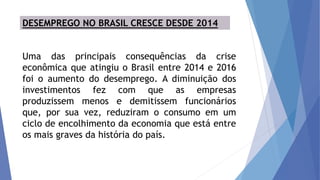 DESEMPREGO NO BRASIL CRESCE DESDE 2014
Uma das principais consequências da crise
econômica que atingiu o Brasil entre 2014 e 2016
foi o aumento do desemprego. A diminuição dos
investimentos fez com que as empresas
produzissem menos e demitissem funcionários
que, por sua vez, reduziram o consumo em um
ciclo de encolhimento da economia que está entre
os mais graves da história do país.
 