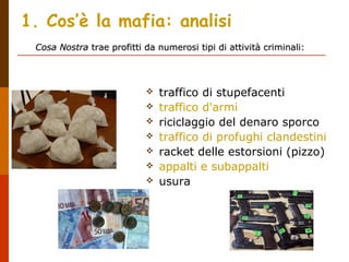 1. Cos’è la mafia: analisi
 traffico di stupefacenti
 traffico d'armi
 riciclaggio del denaro sporco
 traffico di profughi clandestini
 racket delle estorsioni (pizzo)
 appalti e subappalti
 usura
Cosa NostraCosa Nostra trae profitti da numerosi tipi di attività criminali:trae profitti da numerosi tipi di attività criminali:
 