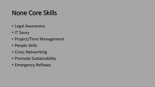 None Core Skills
• Legal Awareness
• IT Savvy
• Project/Time Management
• People Skills
• Cross Networking
• Promote Sustainability
• Emergency Reflexes
 