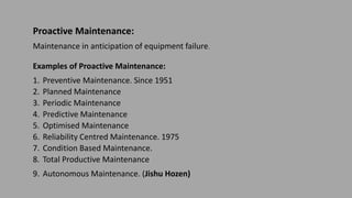 Proactive Maintenance:
Maintenance in anticipation of equipment failure.
Examples of Proactive Maintenance:
1. Preventive Maintenance. Since 1951
2. Planned Maintenance
3. Periodic Maintenance
4. Predictive Maintenance
5. Optimised Maintenance
6. Reliability Centred Maintenance. 1975
7. Condition Based Maintenance.
8. Total Productive Maintenance
9. Autonomous Maintenance. (Jishu Hozen)
 