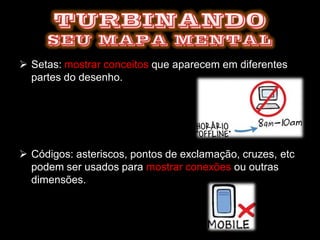  Setas: mostrar conceitos que aparecem em diferentes
partes do desenho.
 Códigos: asteriscos, pontos de exclamação, cruzes, etc
podem ser usados para mostrar conexões ou outras
dimensões.
 