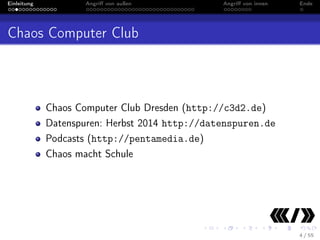 Einleitung

Angriﬀ von außen

Angriﬀ von innen

Ende

Chaos Computer Club

Chaos Computer Club Dresden (http://c3d2.de)
Datenspuren: Herbst 2014 http://datenspuren.de
Podcasts (http://pentamedia.de)
Chaos macht Schule

4 / 55

 