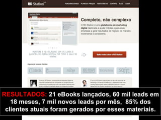 RESULTADOS: 21 eBooks lançados, 60 mil leads em
   18 meses, 7 mil novos leads por mês, 85% dos
 clientes atuais foram gerados por esses materiais.
 