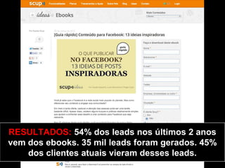RESULTADOS: 54% dos leads nos últimos 2 anos
vem dos ebooks. 35 mil leads foram gerados. 45%
    dos clientes atuais vieram desses leads.
 