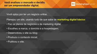 Você analisou o mercado e decidiu
ser um empreendedor digital.
Você optou por ter um negócio online.
Planejou um site, usando tudo de que sabe de marketing digital básico:
• Fez os planos de negócios e de marketing digital;
• Escolheu a marca, o domínio e a hospedagem;
• Desenvolveu o site ou blog;
• Produziu o conteúdo inicial;
• Publicou o site.

 