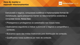 Hora de manter e
expandir relacionamentos

Estruturado o negócio, conquistada audiência e implementadas formas de

monetização, agora precisamos manter os relacionamentos existentes e
conquistar novos. Nessa fase:
• Prestigiamos e privilegiamos os cadastrados nas nossas listas;

• Estimulamos seguidores a indicar e promover o negócio e compartilhar o
conteúdo;
• Buscamos apoio das mídias tradicionais para distribuição de conteúdo;

• Qualificamos nossa audiência por meio de conteúdo.

 