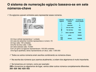 O sistema de numeração egípcio baseava-se em sete
números-chave
 Os egípcios usavam símbolos para representar esses números.
Um traço vertical representava 1 unidade:
Um osso de calcanhar invertido representava o número -10:
Um laço valia- 100 unidades:
Uma flor de lótus valia -1.000:
Um dedo dobrado valia -10.000:
Com um girino os egípcios representavam -100.000 unidades:
Uma figura ajoelhada, talvez representando um deus, valia -1.000.000:
 Todos os outros números eram escritos combinando os números-chave.
 Na escrita dos números que usamos atualmente, a ordem dos algarismos é muito importante.
 Se tomarmos um número, como por exemplo:
256 e trocarmos os algarismos de lugar, vamos obter outros números completamente diferentes:
265 -526 -562 -625- 652
 