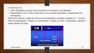 Jonathan Cardoso 20
COMPOSIÇÃO:
• Cabo: De plástico, possui cores específicas, um número e um desenho.
• Intermediário: Une o cabo à parte ativa e sua variação determina o comprimento do
instrumento.
•Parte ativa: Possui o poder de corte e seu comprimento é sempre constante.( L = 16 mm )
•Guia de penetração: Confere ao instrumento o poder de corte e penetração, guiando o
mesmo dentro do canal.
 