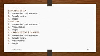 Jonathan Cardoso 49
ESVAZIAMENTO:
1. Introdução e posicionamento
2. Rotação horária
3. Tração
LIMAGEM:
1. Introdução e posicionamento
2. Pressão lateral
3. Tração
ALARGAMENTO E LIMAGEM
1. Introdução e posicionamento
2. Rotação horária
3. Pressão lateral
4. Tração
 