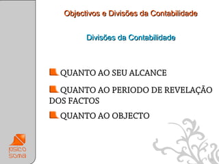 Objectivos e Divisões da Contabilidade


        Divisões da Contabilidade



  QUANTO AO SEU ALCANCE
  QUANTO AO PERIODO DE REVELAÇÃO
DOS FACTOS
  QUANTO AO OBJECTO



                                           26
 