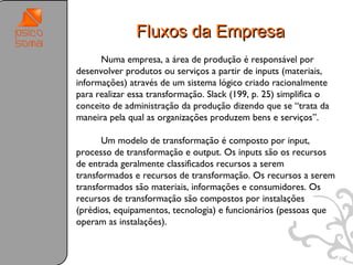 Fluxos da Empresa
      Numa empresa, a área de produção é responsável por
desenvolver produtos ou serviços a partir de inputs (materiais,
informações) através de um sistema lógico criado racionalmente
para realizar essa transformação. Slack (199, p. 25) simplifica o
conceito de administração da produção dizendo que se “trata da
maneira pela qual as organizações produzem bens e serviços”.

       Um modelo de transformação é composto por input,
processo de transformação e output. Os inputs são os recursos
de entrada geralmente classificados recursos a serem
transformados e recursos de transformação. Os recursos a serem
transformados são materiais, informações e consumidores. Os
recursos de transformação são compostos por instalações
(prédios, equipamentos, tecnologia) e funcionários (pessoas que
operam as instalações).


                                                                    35
 
