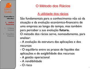 O Método dos Rácios

                                       A utilidade dos rácios
 Conteúdos a
    abordar:             São fundamentais para o conhecimento não só da
      1. Análise
       Financeira
                         situação e da evolução económico-financeira de
     1.    O Balanço
                         uma empresa ao longo do tempo, mas também
           Funcional     para perceber a sua evolução futura.
1.        O Equilíbrio
           Financeiro
                         O método dos rácios serve, nomeadamente, para
                         analisar:
                         - A evolução da estrutura das aplicações e dos
                         recursos
                         - O equilíbrio entre os prazos de liquides das
                         aplicações e de exigibilidade dos recursos
                         - A gestão operacional
                         - A rendibilidade
                         - O risco
                                                                          19
 