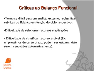 Críticas ao Balanço Funcional

-Torna-se difícil para um analista externo, reclassificar
rubricas do Balanço em função do ciclo respectivo.

-Dificuldade de relacionar recursos e aplicações

- Dificuldade de classificar recurso estável (Ex:
empréstimos de curto prazo, podem ser estáveis visto
serem renovados automaticamente).




                                                            10
 