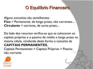 O Equilíbrio Financeiro

Alguns conceitos são semelhantes:
Fixo = Permanente, de longo prazo, não correntes...
Circulante = corrente, de curto prazo...

Do lado dos recursos verifica-se que se colocaram os
capitais próprios e o passivo de médio e longo prazo na
mesma célula, revelando desta forma o conceito de
CAPITAIS PERMANENTES.
Capitais Permanentes = Capitais Próprios + Passivo
não corrente



                                                          9
 
