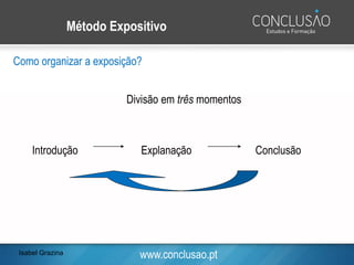 www.conclusao.pt
Método Expositivo
Como organizar a exposição?
Divisão em três momentos
Introdução Explanação Conclusão
Isabel Grazina
 