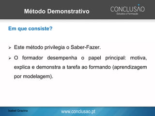 www.conclusao.pt
Método Demonstrativo
Em que consiste?
➢ Este método privilegia o Saber-Fazer.
➢ O formador desempenha o papel principal: motiva,
explica e demonstra a tarefa ao formando (aprendizagem
por modelagem).
Isabel Grazina
 