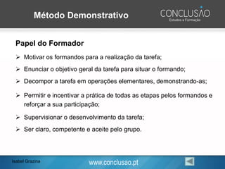 www.conclusao.pt
Método Demonstrativo
Papel do Formador
➢ Motivar os formandos para a realização da tarefa;
➢ Enunciar o objetivo geral da tarefa para situar o formando;
➢ Decompor a tarefa em operações elementares, demonstrando-as;
➢ Permitir e incentivar a prática de todas as etapas pelos formandos e
reforçar a sua participação;
➢ Supervisionar o desenvolvimento da tarefa;
➢ Ser claro, competente e aceite pelo grupo.
Isabel Grazina
 