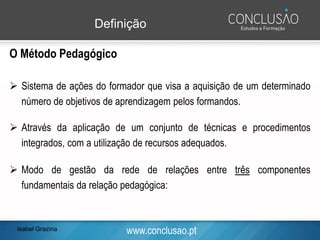 www.conclusao.pt
Definição
O Método Pedagógico
➢ Sistema de ações do formador que visa a aquisição de um determinado
número de objetivos de aprendizagem pelos formandos.
➢ Através da aplicação de um conjunto de técnicas e procedimentos
integrados, com a utilização de recursos adequados.
➢ Modo de gestão da rede de relações entre três componentes
fundamentais da relação pedagógica:
Isabel Grazina
 