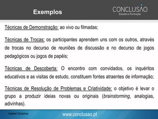 www.conclusao.pt
Exemplos
Técnicas de Demonstração: ao vivo ou filmadas;
Técnicas de Trocas: os participantes aprendem uns com os outros, através
de trocas no decurso de reuniões de discussão e no decurso de jogos
pedagógicos ou jogos de papéis;
Técnicas de Descoberta: O encontro com convidados, os inquéritos
educativos e as visitas de estudo, constituem fontes atraentes de informação;
Técnicas de Resolução de Problemas e Criatividade: o objetivo é levar o
grupo a produzir ideias novas ou originais (brainstorming, analogias,
adivinhas).
Isabel Grazina
 