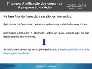 www.conclusao.pt
3º tempo: A utilização dos conceitos
A preparação da Ação
Na fase final da formação / sessão, os formandos:
Aplicam as noções novas, descobrindo-lhes as possibilidades e os limites;
Identificam obstáculos à aplicação, sobre os quais podem agir ou que
dependem do seu ambiente.
As atividades devem ter como principal função a exploração/aplicação das
informações recebidas.
Isabel Grazina
 