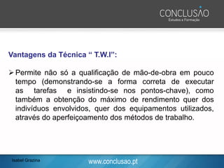 www.conclusao.pt
Vantagens da Técnica “ T.W.I”:
➢Permite não só a qualificação de mão-de-obra em pouco
tempo (demonstrando-se a forma correta de executar
as tarefas e insistindo-se nos pontos-chave), como
também a obtenção do máximo de rendimento quer dos
indivíduos envolvidos, quer dos equipamentos utilizados,
através do aperfeiçoamento dos métodos de trabalho.
Isabel Grazina
 