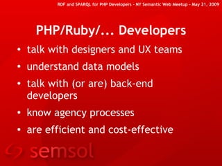 RDF and SPARQL for PHP Developers – NY Semantic Web Meetup - May 21, 2009




     PHP/Ruby/... Developers
●   talk with d...