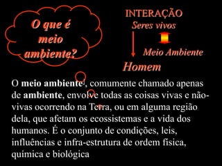 INTERAÇÃO
    O que é                      Seres vivos
     meio
   ambiente?                         Meio Ambiente
                               Homem
O meio ambiente], comumente chamado apenas
de ambiente, envolve todas as coisas vivas e não-
vivas ocorrendo na Terra, ou em alguma região
dela, que afetam os ecossistemas e a vida dos
humanos. É o conjunto de condições, leis,
influências e infra-estrutura de ordem física,
química e biológica, que permite, abriga e rege a vida em
 