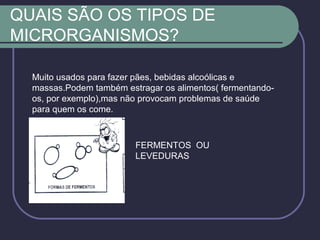 QUAIS SÃO OS TIPOS DE
MICRORGANISMOS?
FERMENTOS OU
LEVEDURAS
Muito usados para fazer pães, bebidas alcoólicas e
massas.Podem também estragar os alimentos( fermentando-
os, por exemplo),mas não provocam problemas de saúde
para quem os come.
 