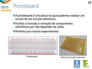 Protoboard
A protoboard é uma placa na qual podemos realizar um
ensaio de um circuito eletrônico.
Facilita a inserção e remoção de componentes
eletrônicos por não depender de solda.
Perfeito para nossos experimentos.
Protoboard Placa de circuito impresso
13
 