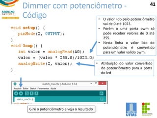 Dimmer com potenciômetro -
Código
Gire o potenciômetro e veja o resultado
• O valor lido pelo potenciômetro
vai de 0 até 1023.
• Porém o uma porta pwm só
pode receber valores de 0 até
255.
• Nesta linha o valor lido do
potenciômetro é convertido
para um valor valido pwm.
• Atribuição do valor convertido
do potenciômetro para a porta
do led
41
 