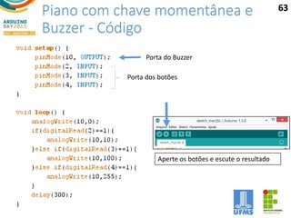 Piano com chave momentânea e
Buzzer - Código
63
Aperte os botões e escute o resultado
Porta do Buzzer
Porta dos botões
 