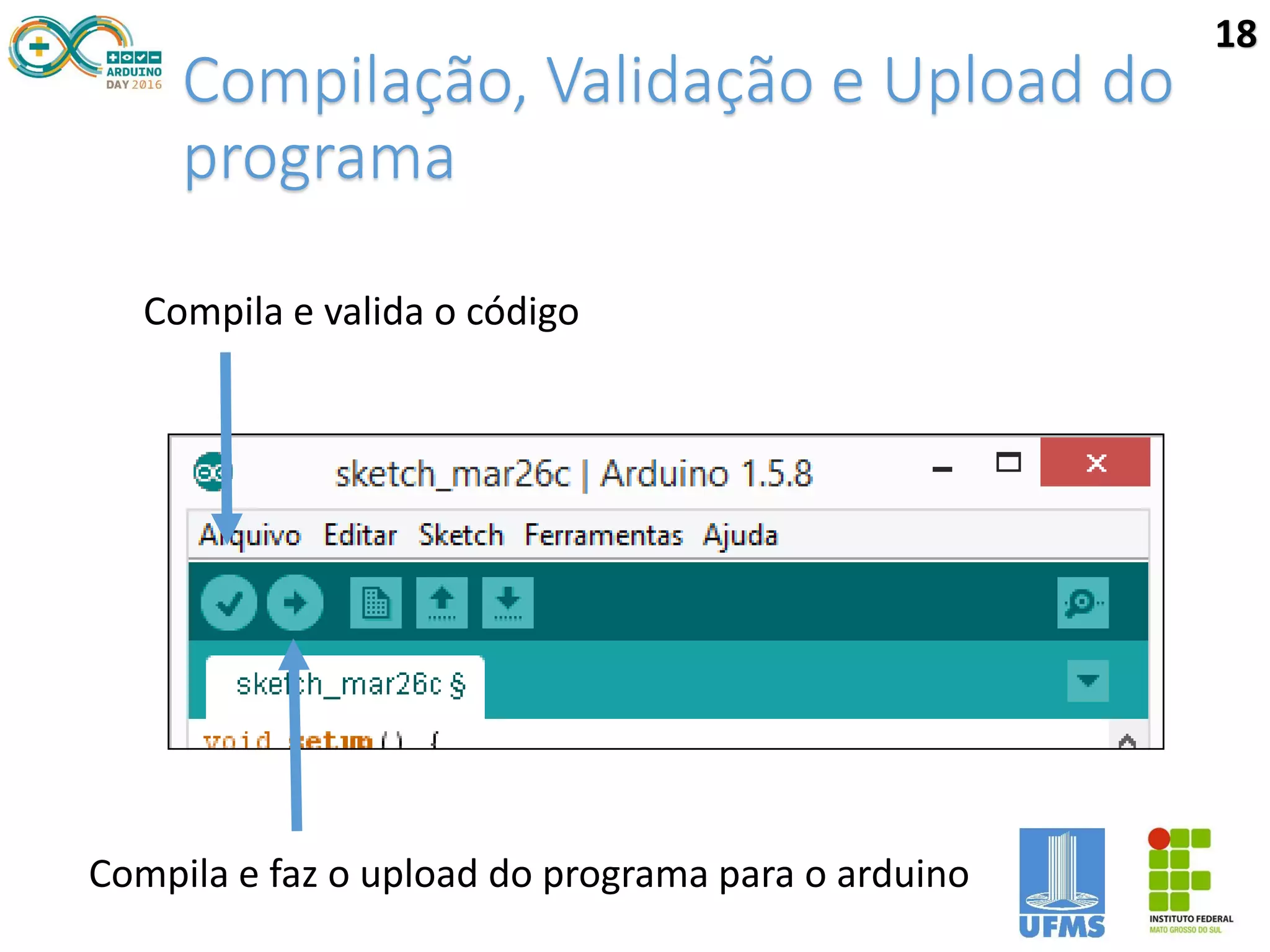 Compilação, Validação e Upload do
programa
Compila e valida o código
Compila e faz o upload do programa para o arduino
18
 