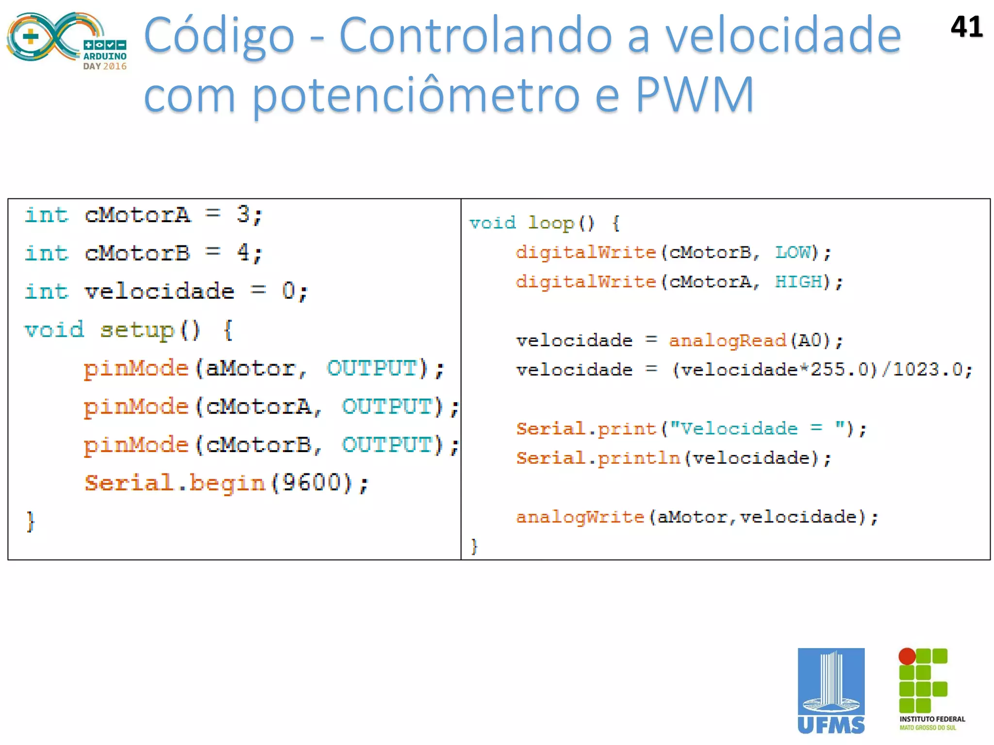 Código - Controlando a velocidade
com potenciômetro e PWM
41
 